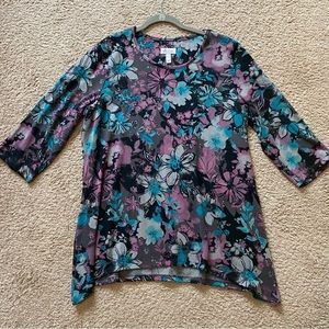 Denim & Co floral scoop neck three-quarter sleeve shark-bite tunic size XL